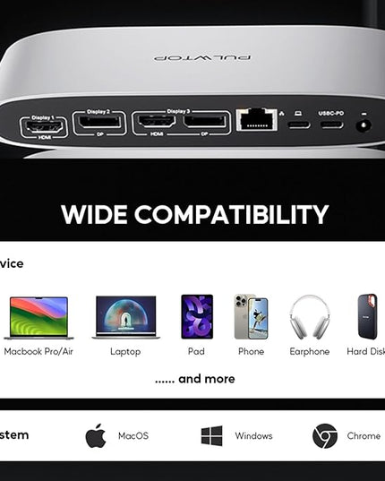 PULWTOP Displaylink Docking Station, Triple Display DisplayLink Dock for MacBook M1/M2/M3 Windows, 4K@60Hz Laptop Docking Station with 2 HDMI, 2 Display Port, PD, USB C Data, 4 USBA, Ethernet, Audio