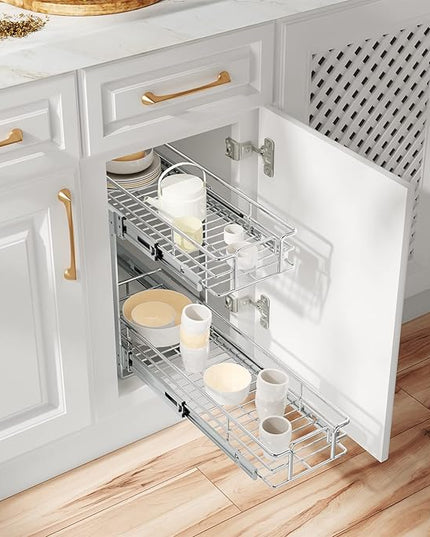 ROOMTEC Individual Pull Out Cabinet Organizer (7½"W x 21½"D), 2 Tier Spice Rack Organizer for Cabinet, Slide Out Drawer Pantry Shelf Organization and Storage for Kitchen Bathroom
