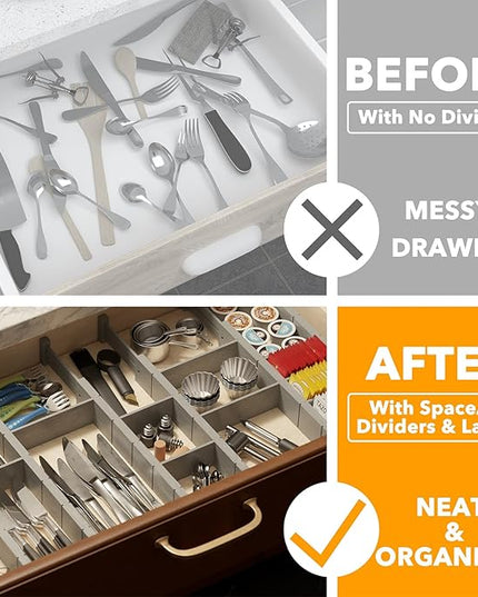 SpaceAid Bamboo Drawer Dividers with Inserts and Labels, Kitchen Adjustable Drawer Organizers, Expandable Organization for Home, Office, Dressers, 10 Dividers with 24 Inserts (17"-22" Gray)