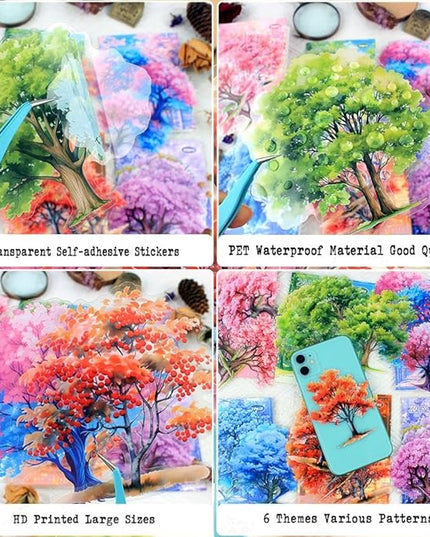 Dwpetzo PET Seasonal Tree Landscape Stickers for Journaling and Scrapbooking, 60 PCS Large Decorative Stickers for Junk Journal Supplies, DIY Crafts Arts, Collage, Albumn