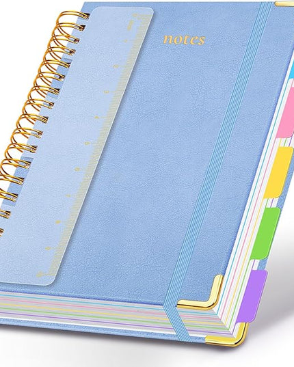 Hardcover Spiral Notebook 8.5"x11" Journal Notebook with Tabs and Removable Dividers 300 Pages 5 Subject Notebook College Ruled, Faux Leather Spiral Bound Notebook for Women School Work (Lake Blue)