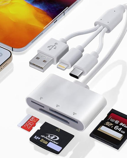 XD Card Reader, SD Card Reader, 3 in 1 TF/SD/xD-Picture-Card Memory Card Reader Camera Phone Adapter, with USB/USB-C/Lightning Port, Use for iPhone 17/16/15/14 iPad MacBook Android PC Laptop