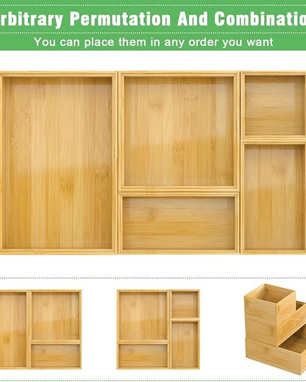 Bamboo Bathroom Drawer Organizer Dividers, Wooden Kitchen Utensil Holder Set of 5, Stackable Junk Drawer Organizer Tray, Multi-Use Storage Bins Boxs for Home, Office, Clothing, Makeup, Jewelry