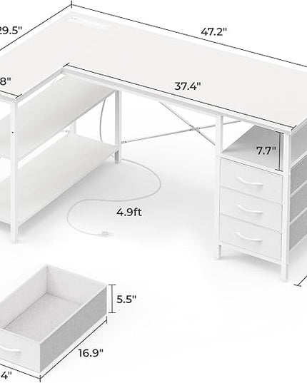 Huuger L Shaped Office Desk with Power Outlets, 47 Inch Computer Desk with 3 Drawers, Shelves, for Gaming, Corner Work, Home Office, Study, White