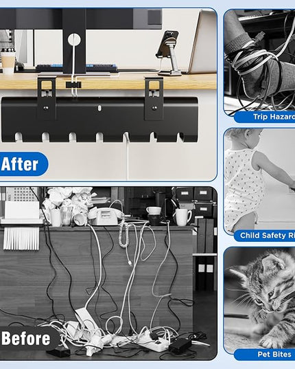 Under Desk Cable Management Tray No-Drill 2 Pack 16.9‘’ Wire Cord Organizers, Cable Management Under Desk for Home and Office No Damage Black