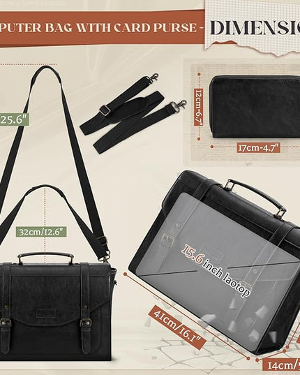 RAINSMORE Flap Messenger Bag for Men Vintage PU Leather Laptop Bag 15.6 Inch Retro Briefcase with Wallet Satchel Computer Bag