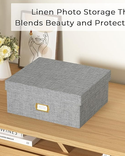 Decorative Photo Storage Box - Linen Photo Box Organizer with Dividers, Fits Holds Up to 1700 Pictures and 4x6 Photos, Memory Keepsake Organizer for Photos, Scrapbook Supplies, Cards, Stamps (Grey)