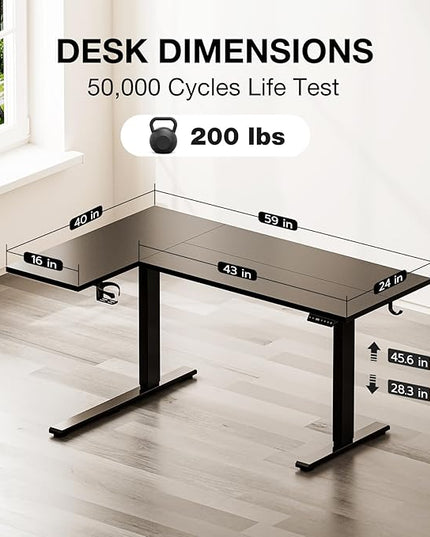 Muvai 59 Inch L Shaped Standing Desk Adjustable Height with Cable Management Tray,Gaming Electric Corner Standing Desk, Sit Stand Computer Table with Reversiable Splice Board, Black