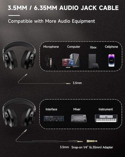 AOC Bluetooth Over Ear Headphones, Wireless Studio Monitor & Mixing DJ Headphones with 72H Playtime, Hi-Res, Built-in Mic, 3.5mm/6.35mm Wired Audio Jack for Guitar AMP, Podcast, PC Gaming - Black