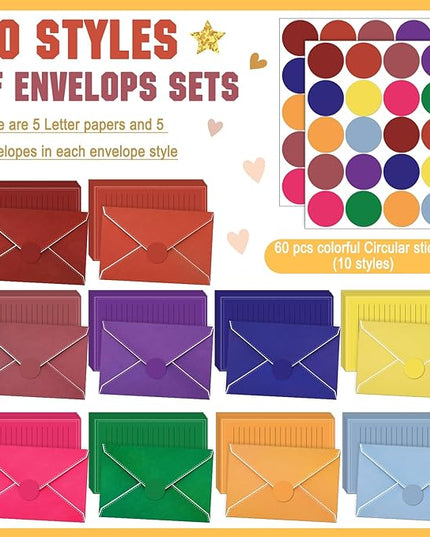 TaoBary 160 Packs Stationery Paper Set (50 Double Sided Stationery Writing Papers 50 Matching Envelopes) 60 Round Dot Sticker, 10 Design (Bright Color)