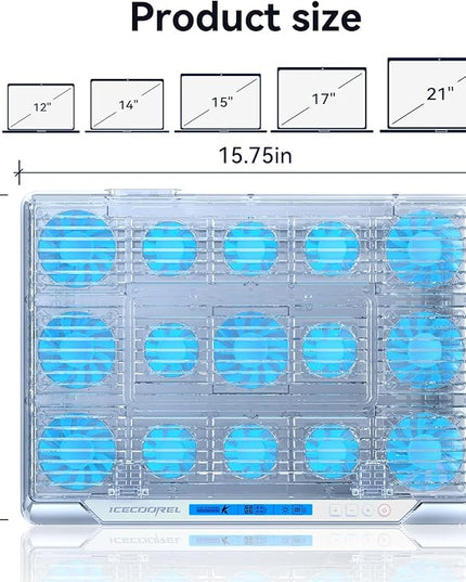 ICE COOREL Gaming Laptop Cooling Pad with 15 RGB Cooling Fans, Fully Transparent Laptop Fan Cooler Pad for 15-21 Inch, Gaming Laptop Cooler Stand with 8 Height Adjustable, USB Port and Type-C Port