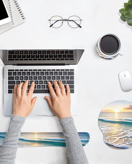 Britimes Summer Beach Sun Ergonomic Mouse Pad Set with Wrist Rest Non-Slip Rubber Base Wrist Cushion Support and Coasters Mousepad with Wrist Support for Computer Keyboard and Desk