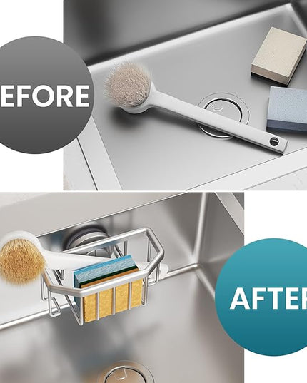 TAILI Sponge Holder for Kitchen Sink with Strong Suction Cup Removable, Rustproof Aluminum Sink Caddy for Sponge, Brush, Scrubber, Scraper -Silver