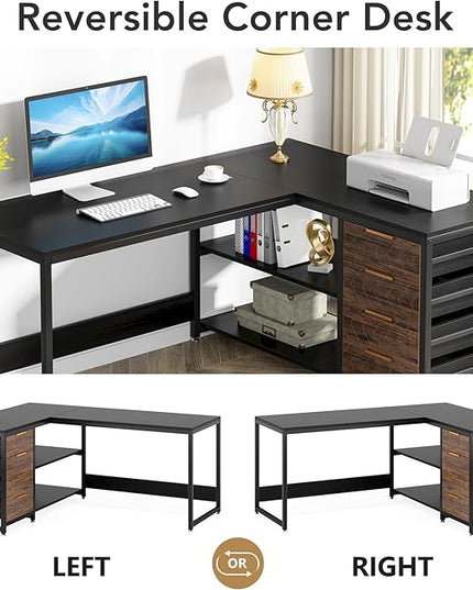 Tribesigns L Shaped Computer Desk with Storage Drawers, 59 inch Corner Desk with Shelves, Reversible L-Shaped Office Desk Study Writing Table Workstation for Home Office, Black