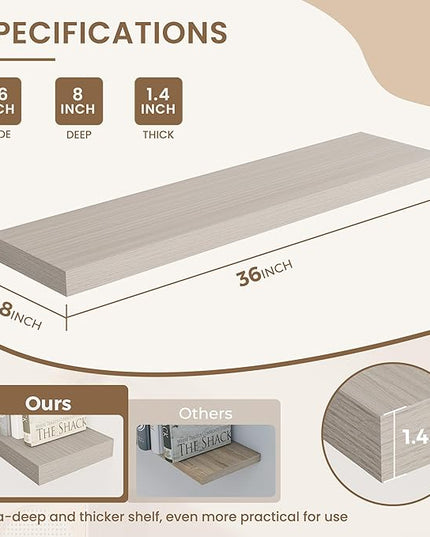 Dreamland 36 Inches Floating Shelves for Wall, 8" Deep Long Floating Shelves Set of 2, Large Display & Storage Shelf, Wall Shelf for Bathroom Bedroom Living Room Kitchen Office, Grey