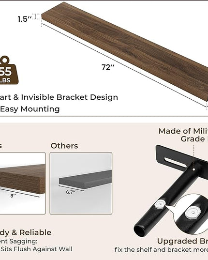 RICHFOCUS 72Inch Floating Shelves for Wall 1 Pack Shelves for Bedroom|Kitchen|Bathroom Wall Mounted Rustic Wood Floating Shelf with Invisible Brackets for Books|Storage|Decor, Walnut