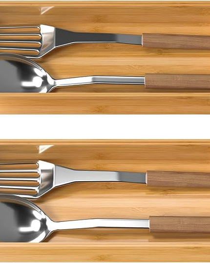 Bamboo Drawer Organizer, Stackable Utensil Organizer for Kitchen, Bamboo Storage Box Wood Silverware Tray for Drawer 15" x 6" x 2" Set of 2
