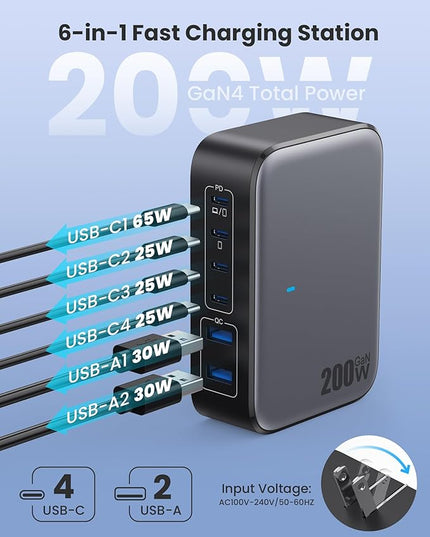 USB C Charger 200W USB Charging Block,6 Ports GaN IV Foldable Wall Charger Outlet Plug,QC4.0 Fast Charging Station Hub,PD 65W Laptop Adapter for MacBook Pro/Air,Dell,iPhone 16/15,Galaxy,Steam Deck