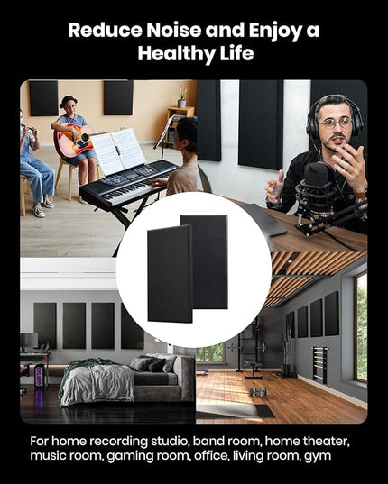 Moukey Acoustic Panels 4 PCS, 2.4“ Thick Fiberglass Soundproof Wall Panels 24''x12'', Self-adhesive Sound Absorbing Panels for Studios, Office, Home Theater (Black)