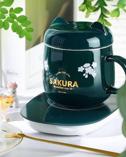 Honeydak Coffee Mug Warmer Cute Cat Mug Set Cup Warmer for Women Heated Coffee Warmers for Mom Home Office Desk Valentine's Day Anniversary Birthday Gifts(Sakura,Green)