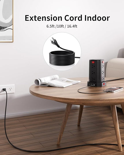 Power Strip Surge Protector, 6.5 Ft Extension Cord with 12 AC Multiple Outlets 4 USB (1 USB C), SMALLRT Power Tower Desktop Charging Station (Black, 6.5 Ft)