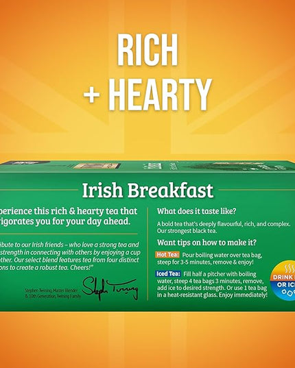 Twinings Irish Breakfast Black Tea Individually Wrapped Bags, 100 Count (Pack of 1), Flavourful, Bold, and Robust, Caffeinated, Enjoy Hot or Iced, 100 Teabags