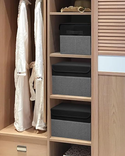 Large 17" 42 Quarts Collapsible Stackable Storage Bins with Lids [3-Pack] Foldable Fabric Linen Storage Boxes Cube, Closet Organizer Baskets with Label for Home (16.7 x 12 x 12", Black & Gray)