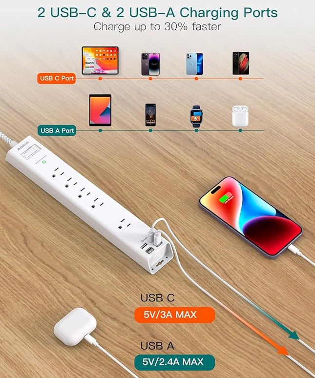 10Ft Surge Protector Power Strip - Long Extension Cord, Addtam 5 Widely Outlets 4 USB Ports, Flat Plug, Multi Plug Outlet Extender, Desk Charging Station for Home Office College Dorm Room Essentials