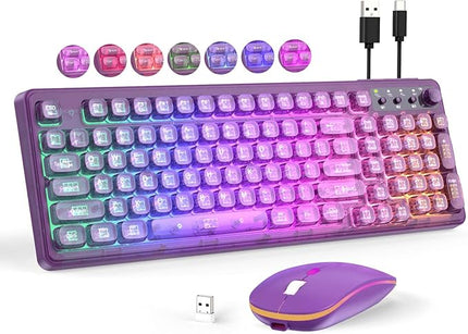 Purple Light Up Keyboard and Mouse Wireless,Cute 2.4Ghz Cordless Rechargeable Transparent Backlit Keyboard,15 Backlight Effects,Volume Knob,RGB Mouse with 3 DPI for Mac Computer PC Laptop Desktop iPad