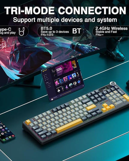 AULA F108 PRO - Wireless Mechanical Keyboard with Screen&Knob,Hot Swappable Gaming Keyboard with 8000mAh Battery,Pre-lubed Switches,RGB Backlit,PBT Keycaps Creamy Sounding Computer Keyboards,104 Keys
