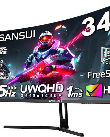 SANSUI 34-Inch Curved Gaming Monitor UWQHD 3440 x 1440 Up to 165Hz Curved 1500R - PIP/PBP, 1ms(MPRT), HDR, 300nits, sRGB 125%, DCI-P3 95%,FreeSync,HDMIx2,DP1.4 x2 (DP Cable Included)