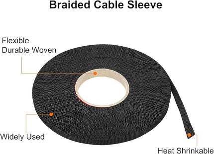 MECCANIXITY Braided Cable Sleeves Heat Shrinkable Fabric Sleeving, 1/4" 60ft Black 2:1 Ratio Heat Shrinkable Cord Protector for Harness Cable, Network Cable Protection, Cable Management