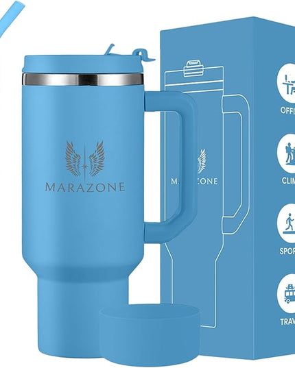 40 oz Insulated Tumbler with Handle and Straw – Stainless Steel Double Wall Vacuum Cup Fits Car Cup Holder, Hot Cold Travel Mug, BPA Free Reusable Water Bottle Gift for Women Men - Sky Blue