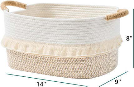 Storage Bins Woven Baskets for Storage Set of 3, Cotton Rope Basket with Handles for Toys/Shelves/Laundry, Rectangle Multi-Purpose Organizer for Living Room, Bedroom, Nursery (White/Brown)