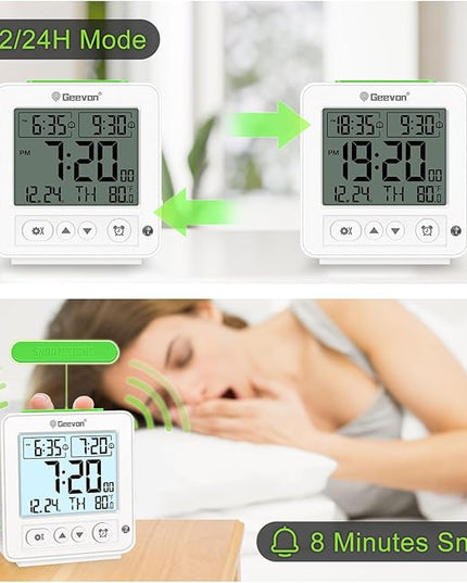 Geevon Smart Night Light Small Digital Alarm Clock with 2 Increasing Beep Alarm, Indoor Temperature, Battery Operated Travel Clock for Bedroom, Bedside, Desk(White)