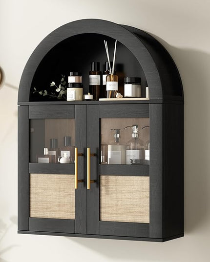 RUSTOWN Arched Bathroom Wall Cabinet, Rattan Medicine Cabinet with 2 Glass Doors, Farmhouse Over The Toilet Storage Cabinets with Adjustable Shelves, 3-Tier Wall Mounted Cabinets