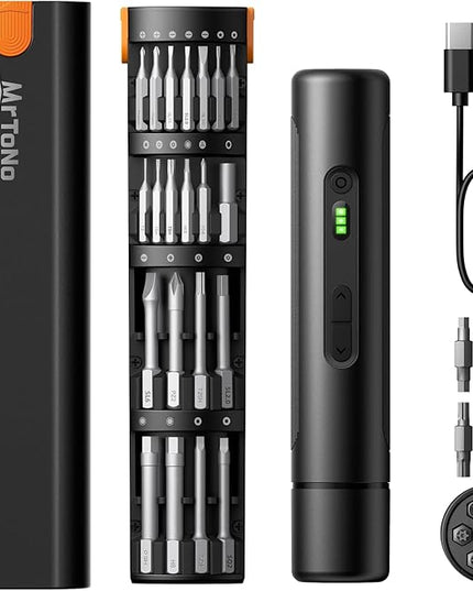 MrToNo Electric Screwdriver, Cordless Screwdriver Set, Power Screwdriver Set, 3 Torque Settings, 1500mAh Battery, 33 Magnetic Bits, LED Light, Rechargeable Tool for Furniture, DIY, Household Repair