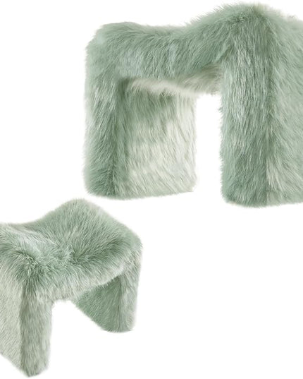 Ottoman Set of 2 Small Footstool Ottoman Vanity Stool Chair Faux Fur Seating Backless Modern Foot Rest Furry for Makeup Room Living Room Bedroom Entryway,Green(2-in-1)