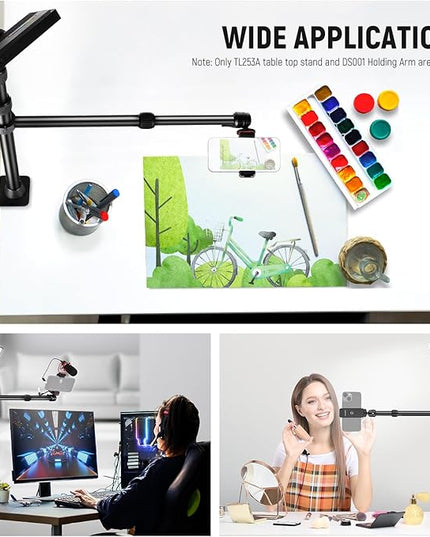 NEEWER Desk Stand with 2 Telescopic Boom Arms Phone Holder for Mic Camera Webcam Ring Light, Desktop Overhead Microphone Mount with C Clamp, Ball Heads, Screw Adapter, Cleaning Cloth, TL253A+DS001