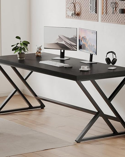 LVB Modern Black Computer Desk, Long Industrial Home Office Desk for Student, Large Metal Wood Writing Study Computer Table, Farmhouse Executive Simple Gaming PC Work Desk for Bedroom, Black, 60 Inch