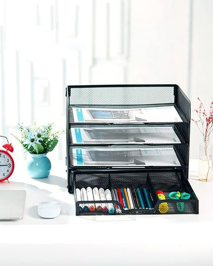 SETTFRFE 4 Tier Mesh Paper Letter Tray,Desk File Organizer with A Sliding Drawer,Office Supplies Desk Organizer for Home Office,Black.