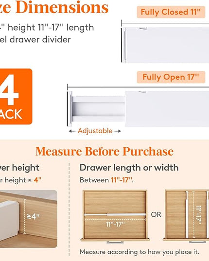 Lifewit 4 Pack Drawer Divider 4" High,11-17" Drawer Dividers for Clothes, Adjustable Clothing Drawer Organizers, Expandable White Dresser Drawer Separators for Bedroom, Bathroom, Vanity, Office