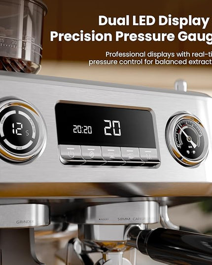 Kismile Dual Boiler Espresso Machine with Grinder, 20 Bar Espresso Maker with Milk Steamer & Hot Water, Dual LED Display, Pressure Gauge, Burr Grinder, coffee Machine for Home&Office, Stainless Steel
