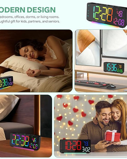 Digital Alarm Clocks for Bedrooms, RGB Desk Clock with 15 Color Display, Date Temperature and Weekday, DST, Snooze, 2 Alarms, Ambient Lighting for Living Room, Bedside Office Gaming Desk Decor