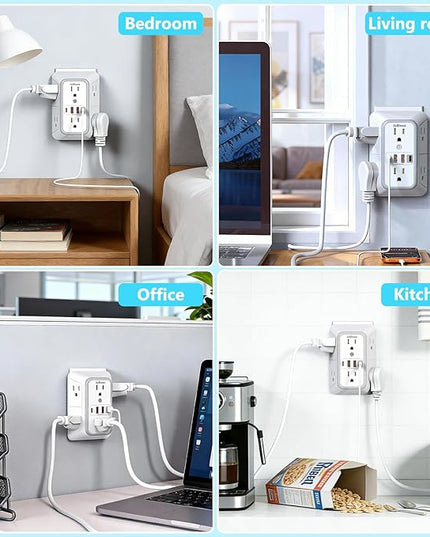 JcBlaon Multi Plug Outlet Surge Protector, Wall Charger with 6 Outlet Splitter with 4 USB Ports(PD 20W), 3-Sided 1050J Surge Protector Power Strip for Home Office Dorm Room Essentials