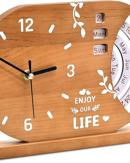 2-in-1 Wooden Analog Clock & Calendar - Silent No Ticking Desk Clocks Perpetual Calendar for Office, Bedroom, Study - Vintage Home Shelf Table Decor - Flip Date, Month & Day of The Week