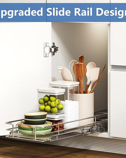 ROOMTEC Pull Out Cabinet Organizer, 1 Tier Black, Kitchen Cabinet Organizers, Slide Out Shelves, Heavy Duty, 5.5" W x 21.5" D x 3.5" H, Expandable, Painted, 1 Count