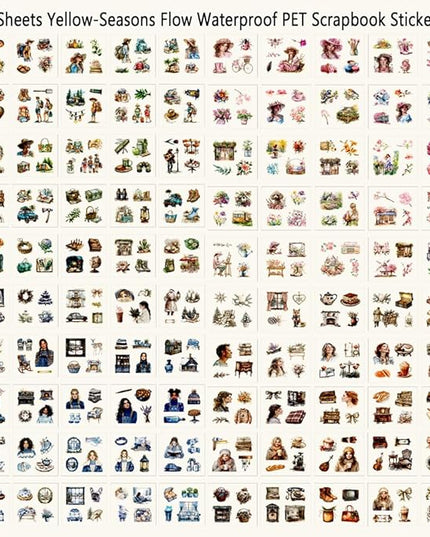Scrapbooking Stickers Set for Adults, 100 Sheets 3.1 x 3.1 Inches Diecut Seasons Flow Theme, PET Stickers for Journaling, Junk Journal Supplies, Collage, Scrap Book, DIY Crats Arts Decorative