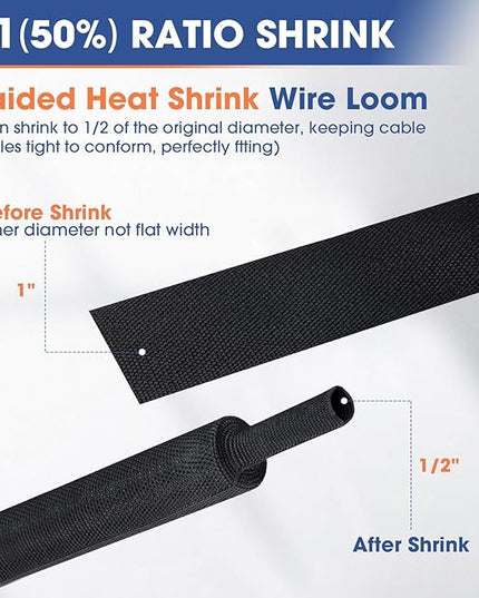 FOURUB 2:1 Heat shrinkable Braided Sleeving Fabric Wire Loom High Temp Heat Shrink Wiring Harness Abrasion Protector Cable Sleeve(1"-34ft)