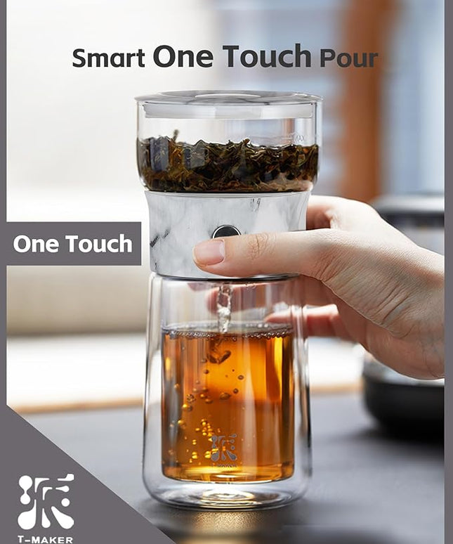 ZENS Modern One Touch Tea Maker, Glass Teapot with Infuser for Loose Leaf Tea Diffusers, Mess-Free Smart Pouring with Insulated Mug and Portable Tea Kits for Tea Lover Gifts